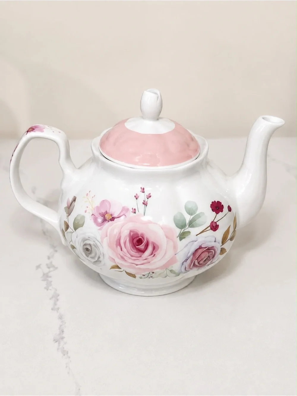 Floral Porcelain Teapot with Pink Lid - Elegant Rose Design